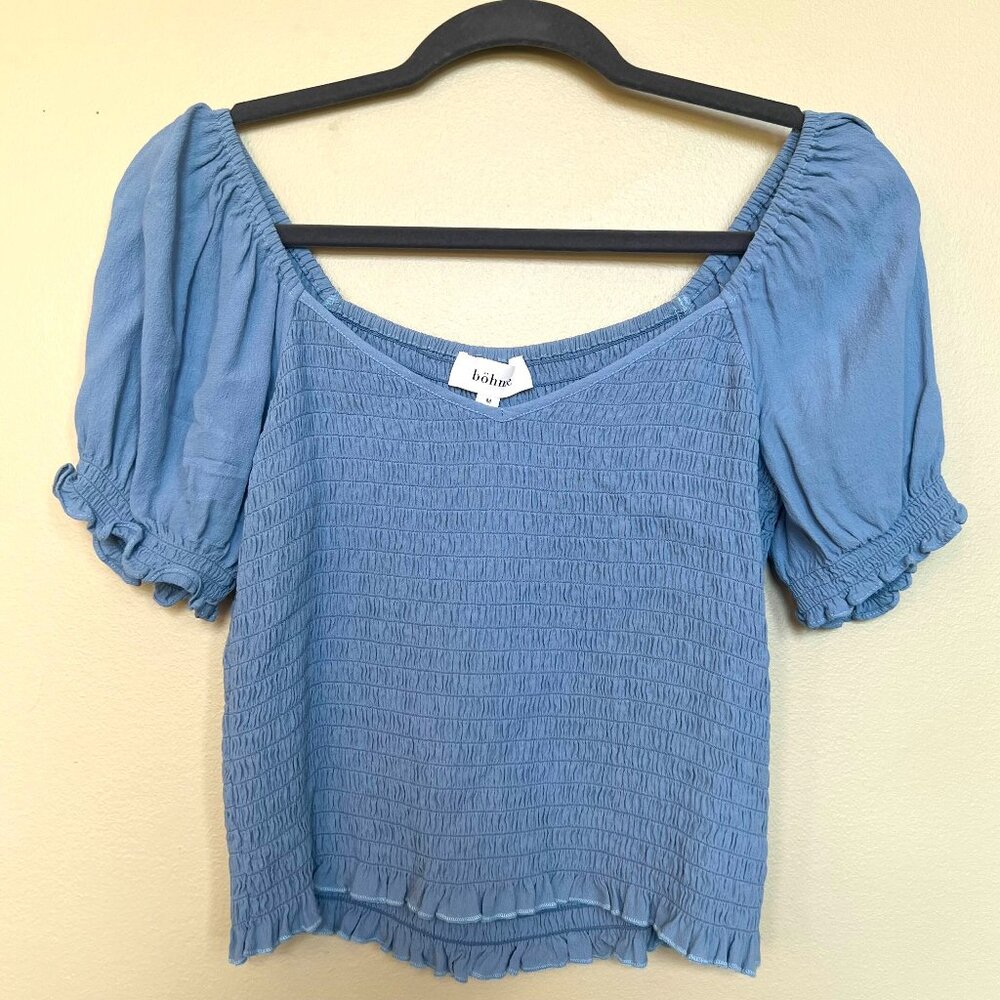 Bohme Blue Smocked Puff Sleeve Blouse